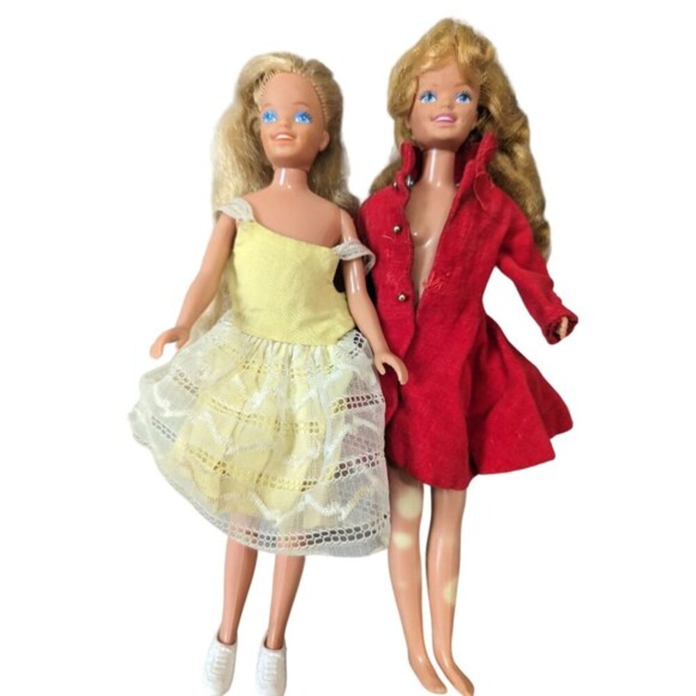 Vtg  Mattel Skipper Dolls 1980s Lot of 2 with Red Coat and Yellow Lace Dress TLC